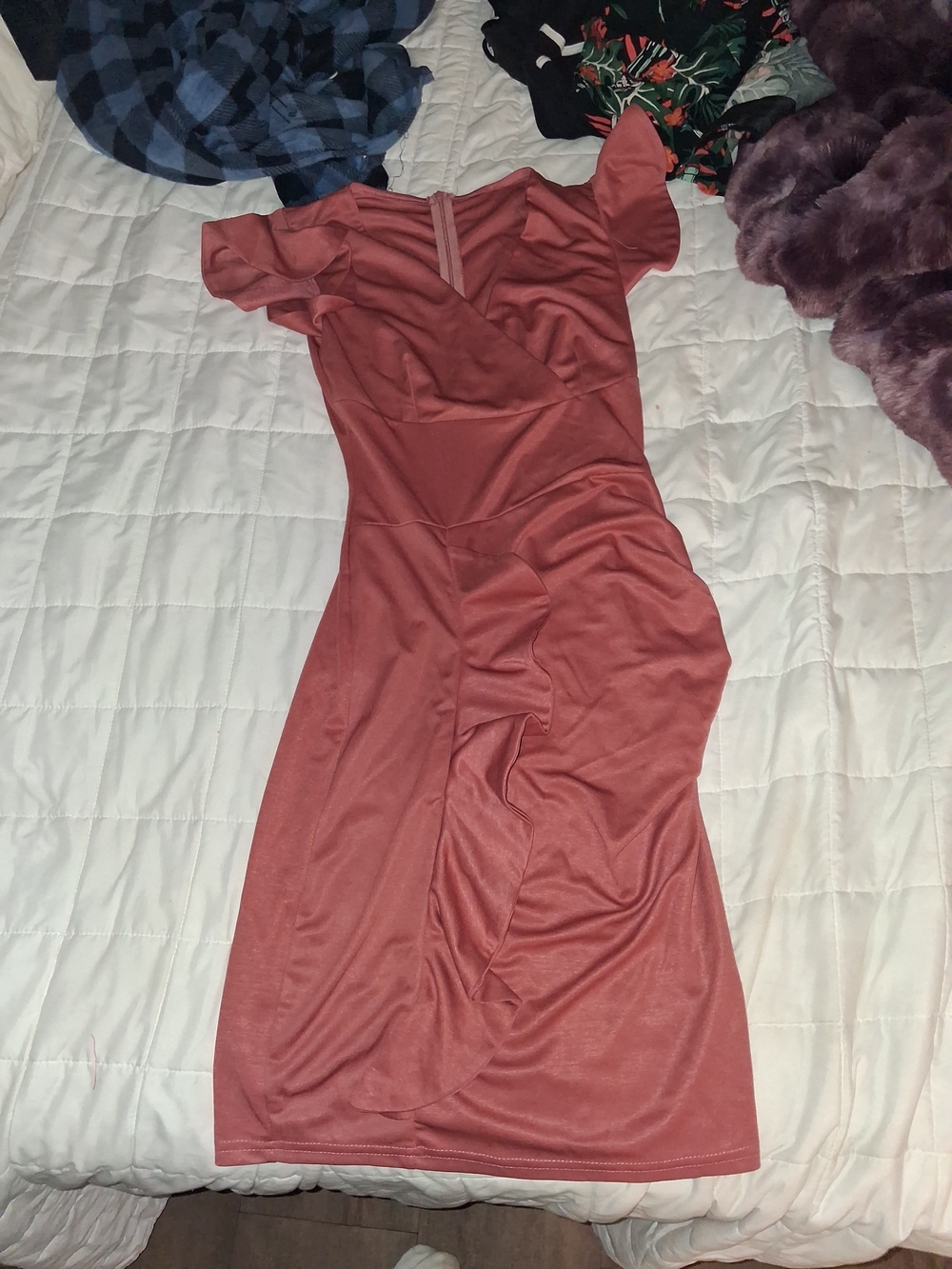 Rust Pink Short-Sleeve Ruffle Front Dress
